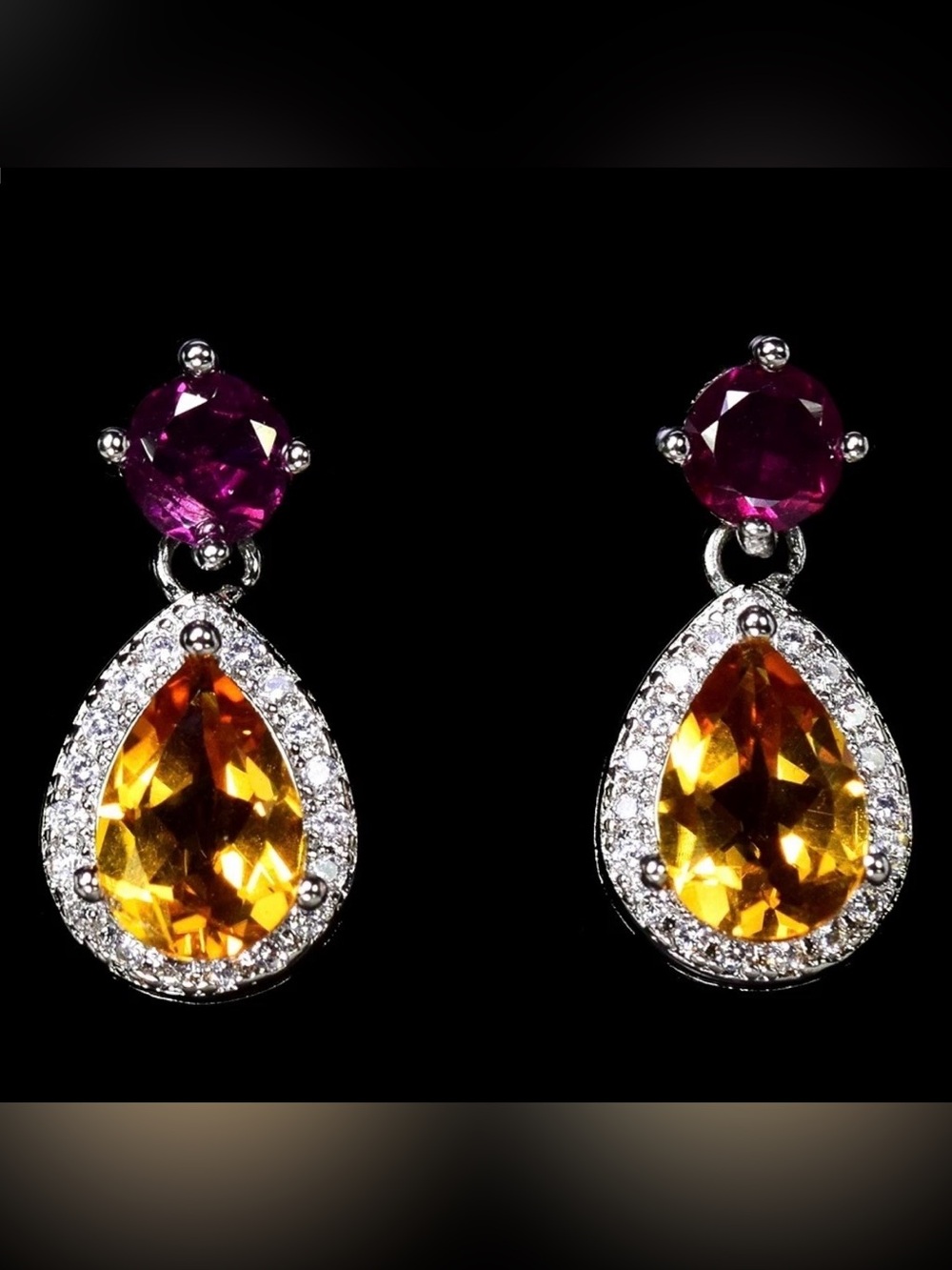 Stunning Natural Rhodolite Garnet & Citrine Drop earrings 925 Sterling Silver
